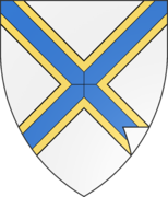 D'argent au sautoir d'or surmonté de bandes d'azur au losange du même